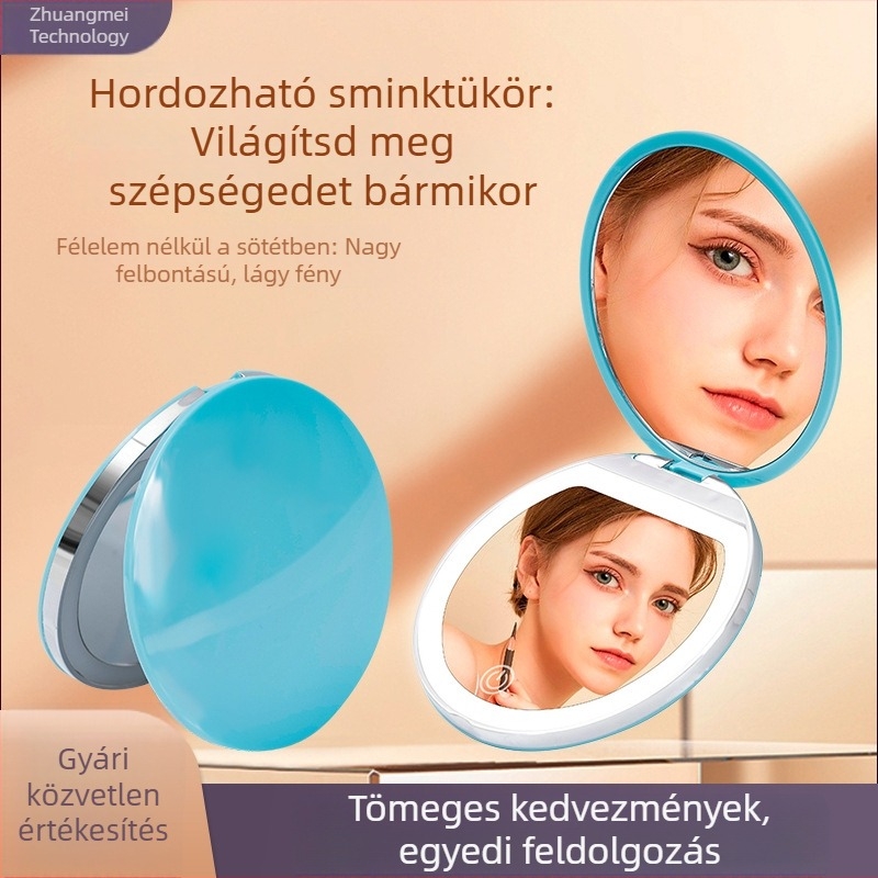 Új mini hordozható LED világító sminktükör, kör alakú, összecsukható