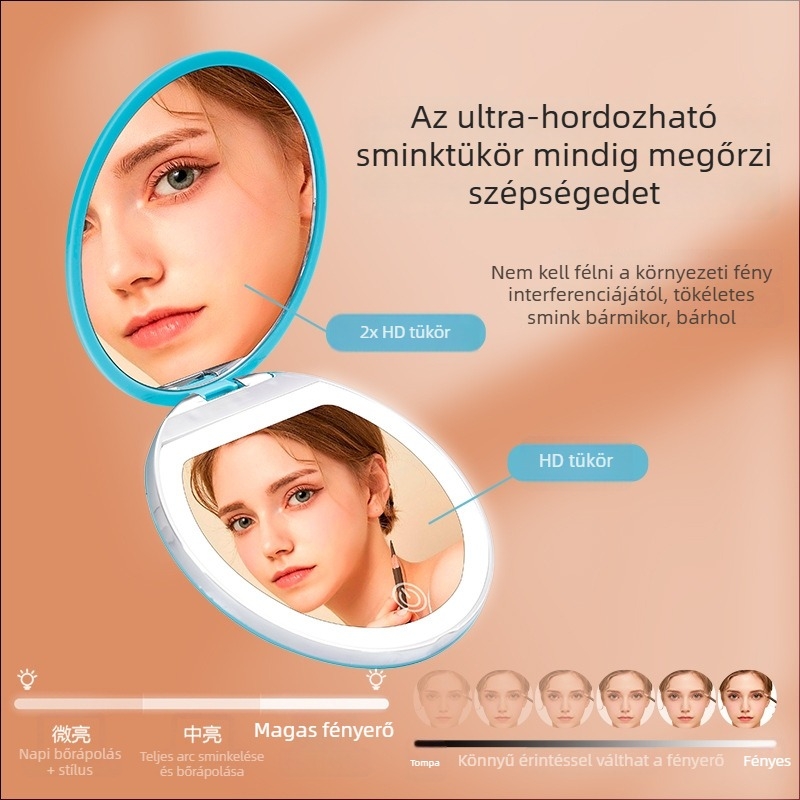 Új mini hordozható LED világító sminktükör, kör alakú, összecsukható