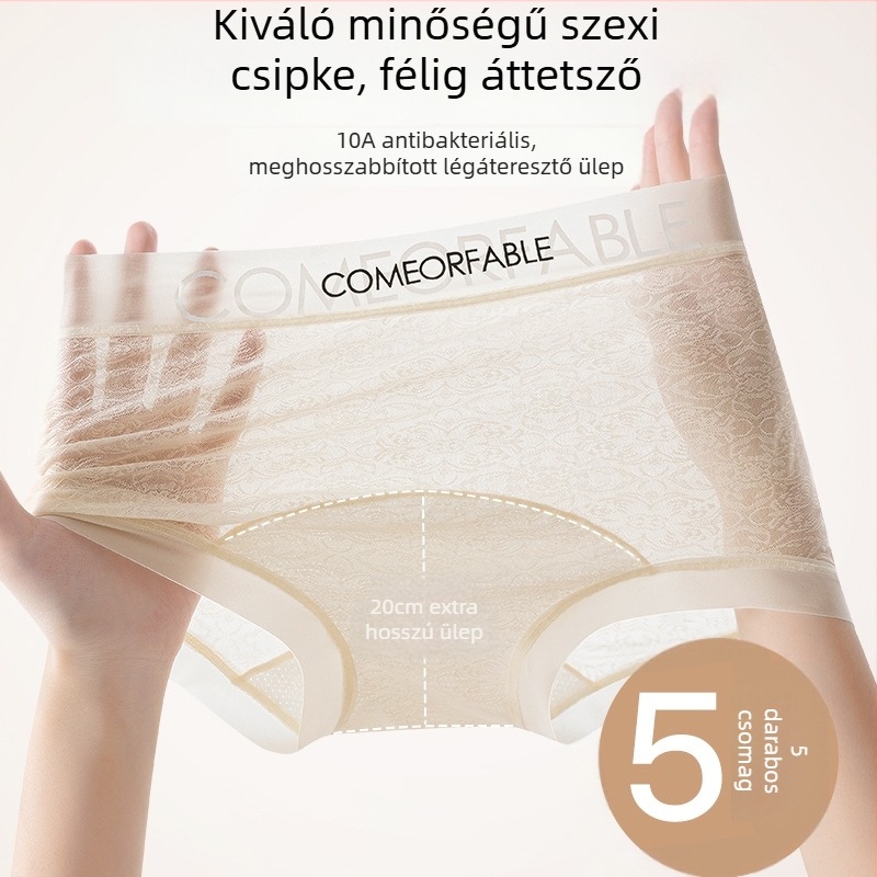 Női csipkés középmagasságú alsónemű, légáteresztő és átlátszó nylonból, betű motívummal és hosszabb gussettel, plusz méretek