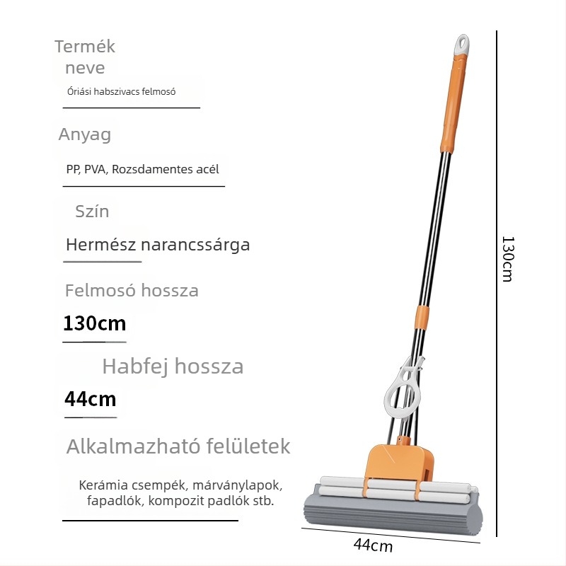 Nagy, vastag műanyag-pamut mop szivacsfejjel nedves és száraz tisztításra, kézi mosás nélkül