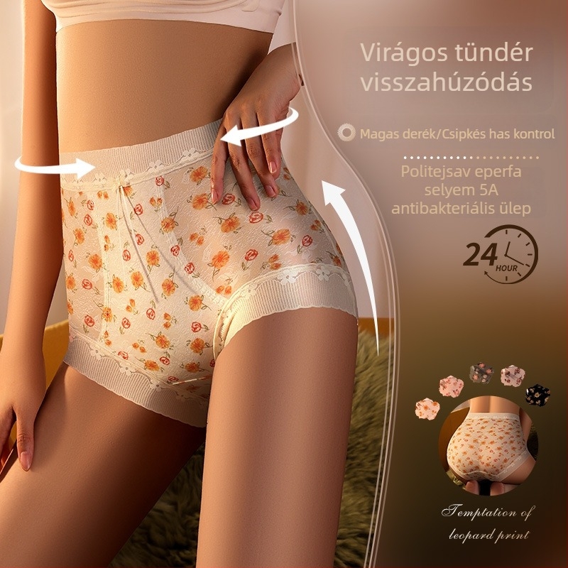 Női magas derekú csipkés alsónemű, légáteresztő, antibakteriális belső réteg mulberry selyemből a has formázásához