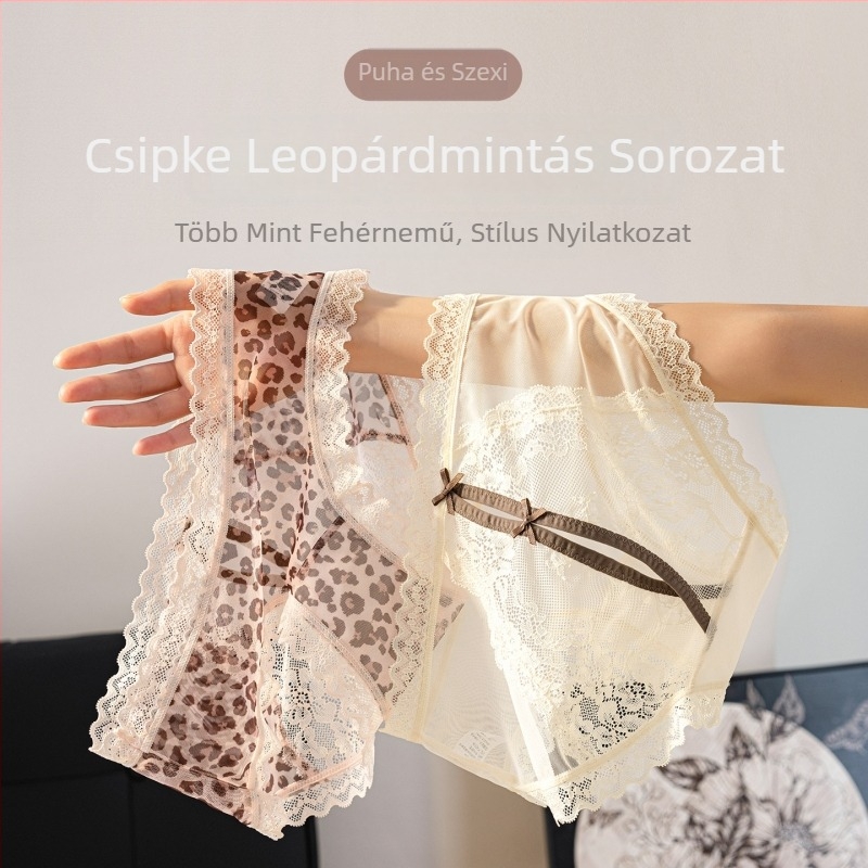 Női középmagas derekú alsónemű csipkés szegéllyel és pamut intim résszel, leopard mintázat