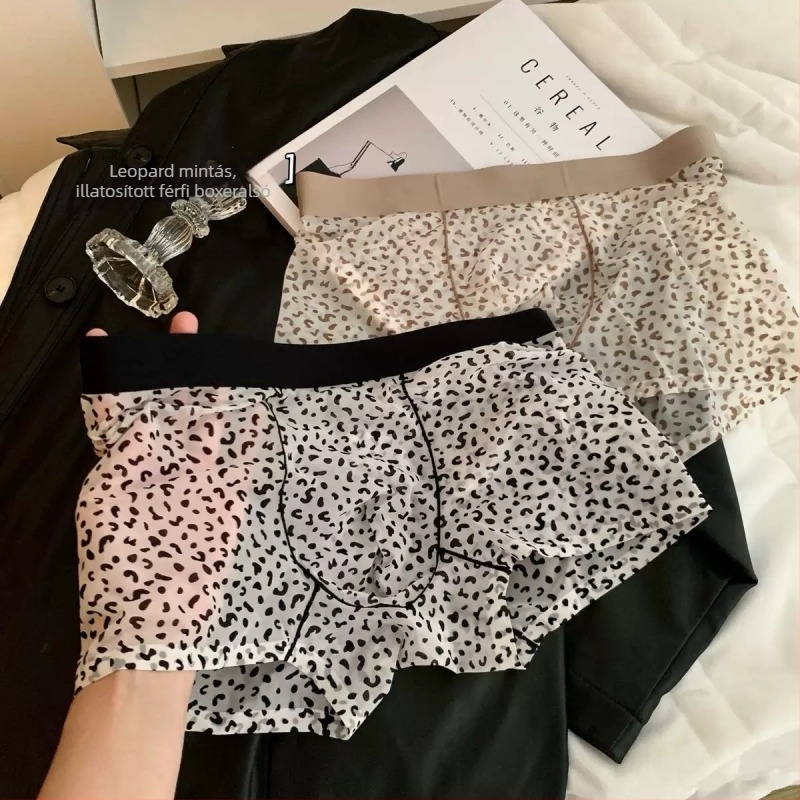 Férfi leopard mintájú boxer, antibakteriális, Ice Silk anyag, középmagasság, nylon 10A, kamélia illat
