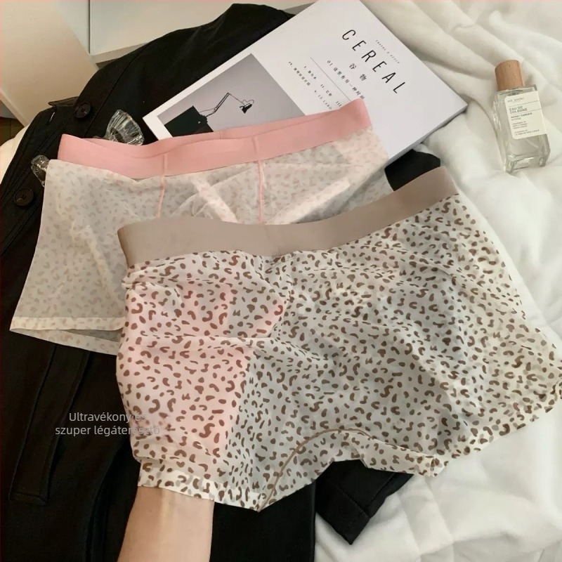 Férfi leopard mintájú boxer, antibakteriális, Ice Silk anyag, középmagasság, nylon 10A, kamélia illat