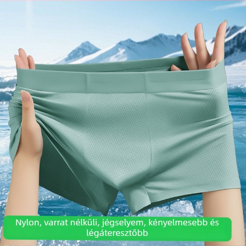 Varrás nélküli férfi ice silk alsónemű, lélegző hálós panellel, nyári nylon boxer rövidnadrág hűsítő érzet