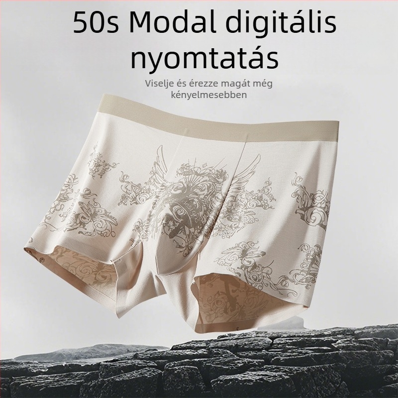 Új 60S Modal férfi boxeralsó, középmagas derekú, geometrikus mintázat, ágyéknál Mulberry selyem bélés