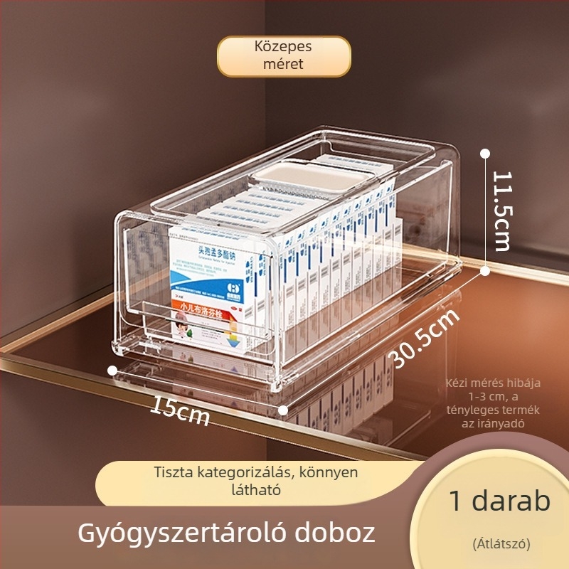 Átlátszó fiókos gyógyszer-tároló doboz háztartási használatra, nagy kapacitás, többrétegű tároló