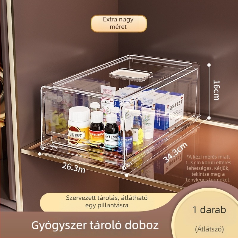 Átlátszó fiókos gyógyszer-tároló doboz háztartási használatra, nagy kapacitás, többrétegű tároló