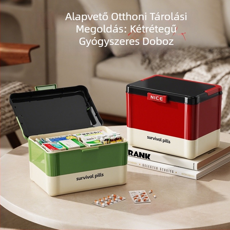 Átlátszó gyógyszer tároló doboz felnyílófedéllel, több rétegű asztali szervező, 2 rekesz