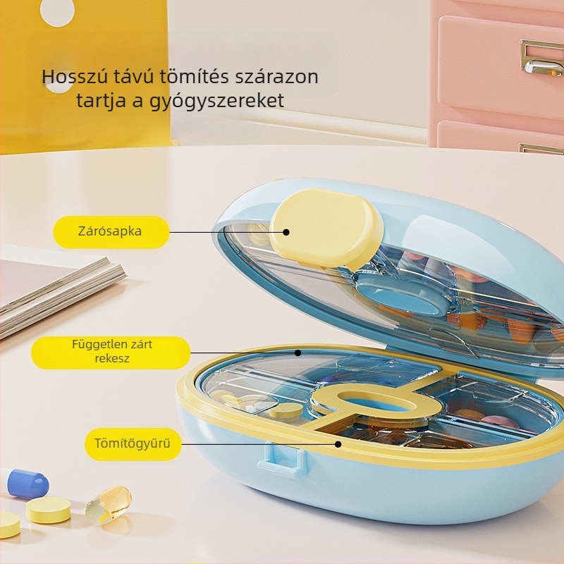 Hordozható 7 napos gyógyszeres doboz, zárható, nedvességálló, műanyagból