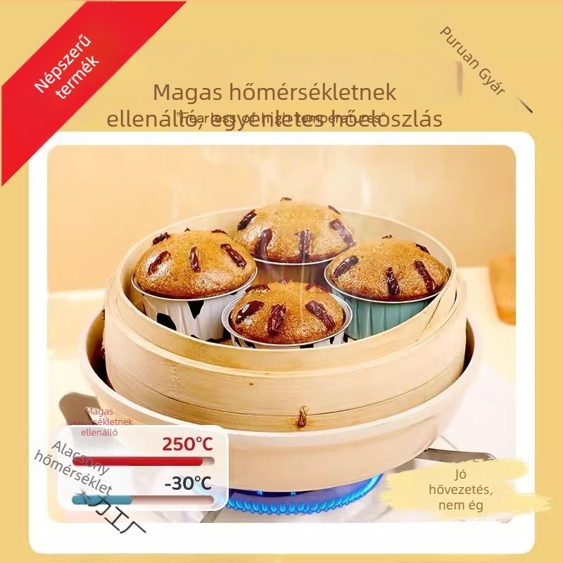 Magas hőállóságú alumíniumfóliából készült forma párolt süteményekhez és mini muffinokhoz, sütőpapíros csészékkel