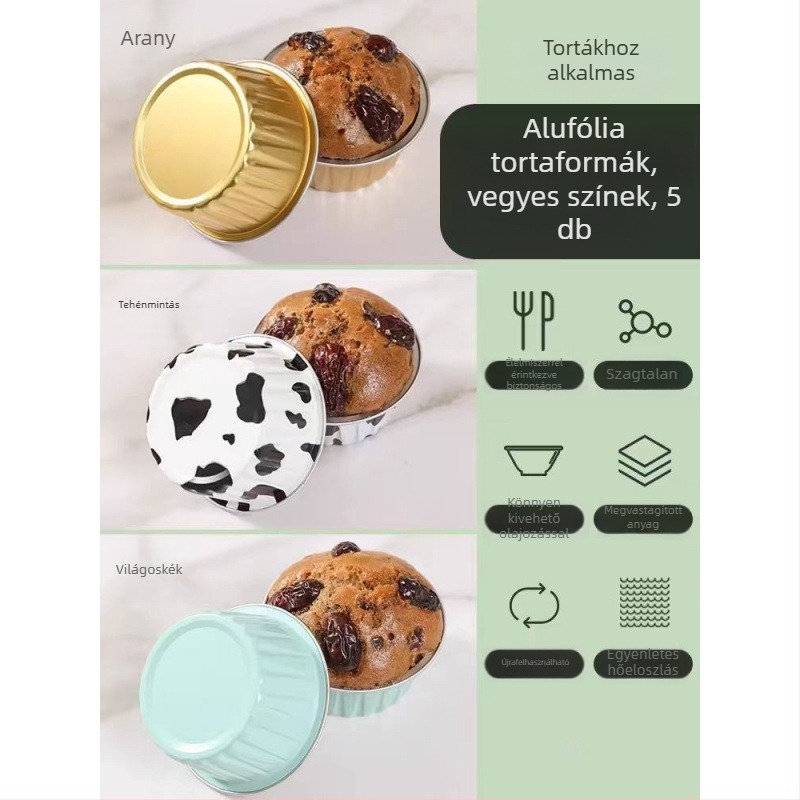 Magas hőállóságú alumíniumfóliából készült forma párolt süteményekhez és mini muffinokhoz, sütőpapíros csészékkel