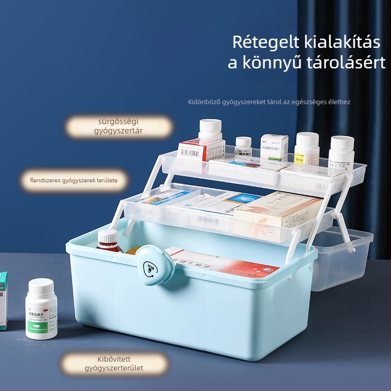 Nagy kapacitású, hordozható otthoni gyógyszer-tároló doboz 12 rekeszével