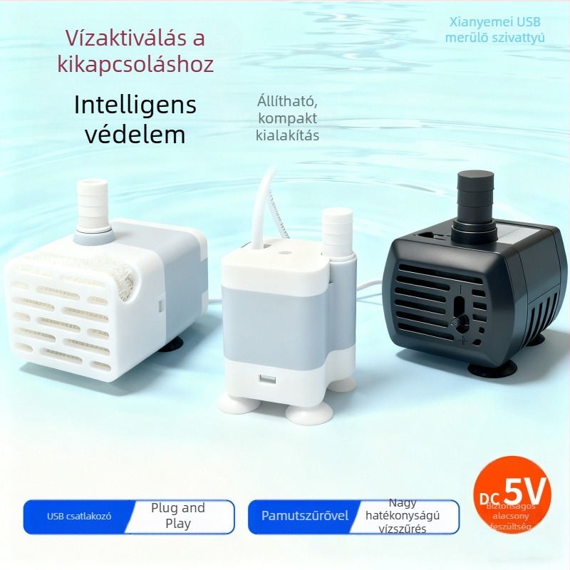 DC mini merülőszivattyú akváriumhoz, USB tápegység, csendes működés, oldalsó szívó, vízszűrés és körforgás