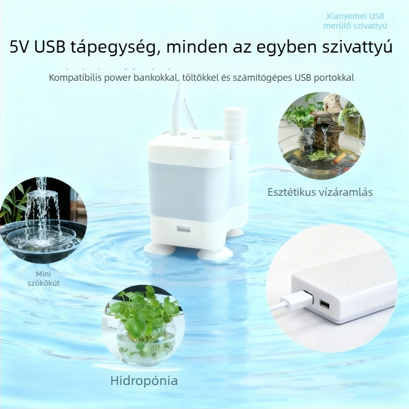 DC mini merülőszivattyú akváriumhoz, USB tápegység, csendes működés, oldalsó szívó, vízszűrés és körforgás