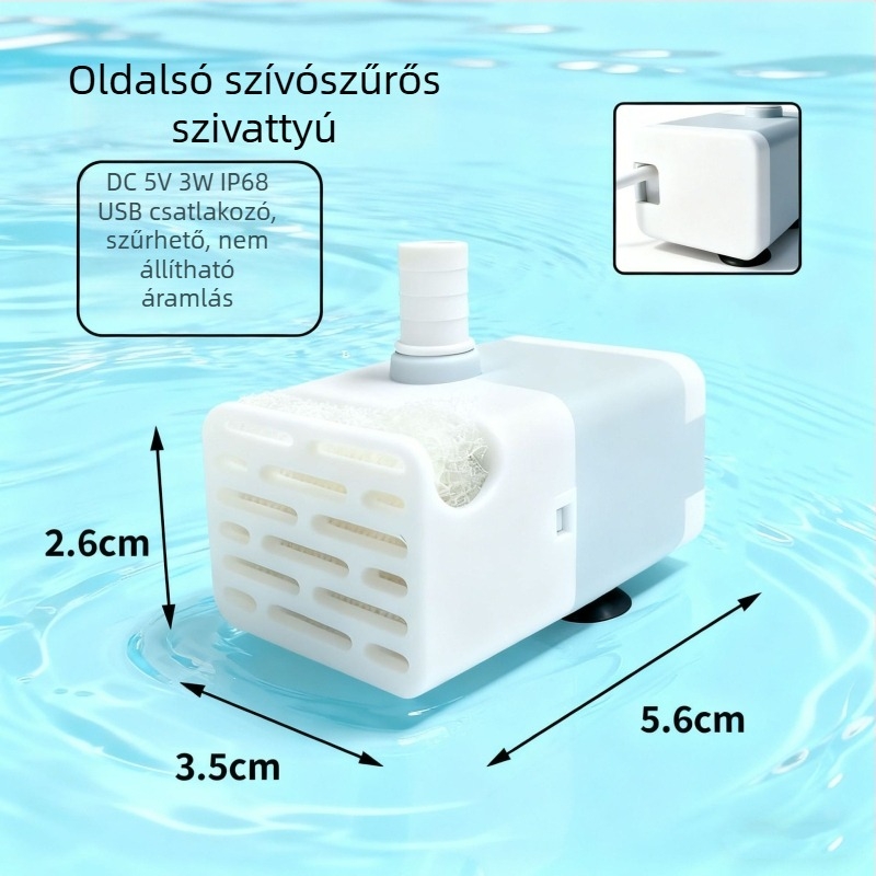 DC mini merülőszivattyú akváriumhoz, USB tápegység, csendes működés, oldalsó szívó, vízszűrés és körforgás