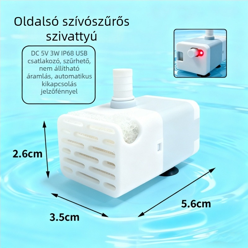 DC mini merülőszivattyú akváriumhoz, USB tápegység, csendes működés, oldalsó szívó, vízszűrés és körforgás