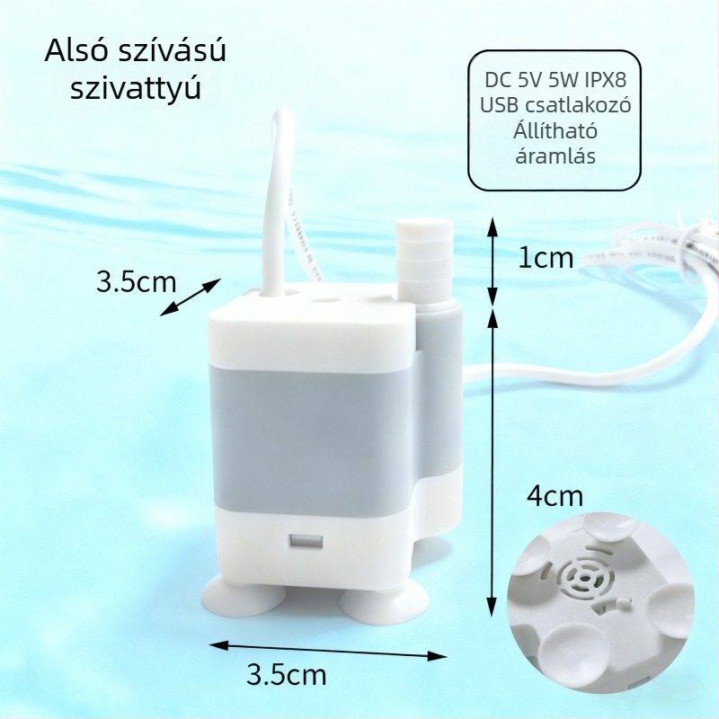 DC mini merülőszivattyú akváriumhoz, USB tápegység, csendes működés, oldalsó szívó, vízszűrés és körforgás