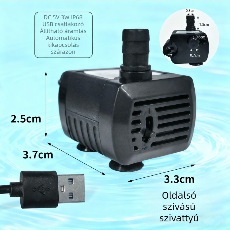 DC mini merülőszivattyú akváriumhoz, USB tápegység, csendes működés, oldalsó szívó, vízszűrés és körforgás