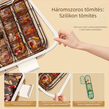 Hordozható heti gyógyszereszervező 7 rekesszel, kompakt doboz három napi adaghoz, idős személyek számára, tablettavágóval