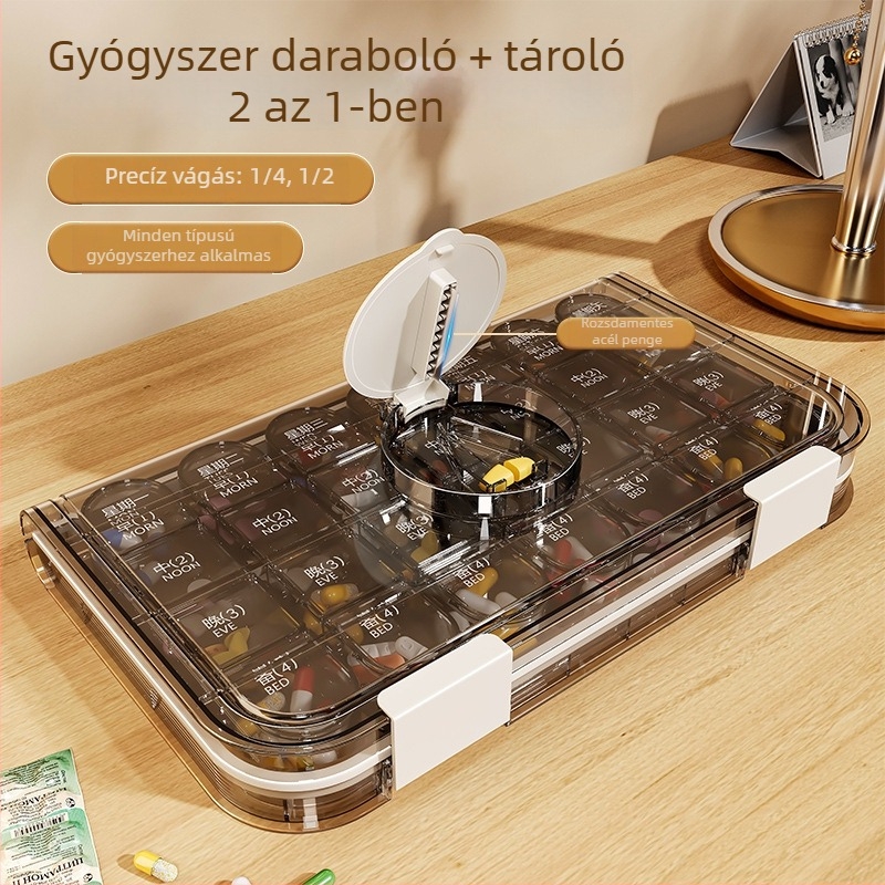 Hordozható heti gyógyszereszervező 7 rekesszel, kompakt doboz három napi adaghoz, idős személyek számára, tablettavágóval