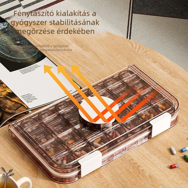 Hordozható heti gyógyszereszervező 7 rekesszel, kompakt doboz három napi adaghoz, idős személyek számára, tablettavágóval