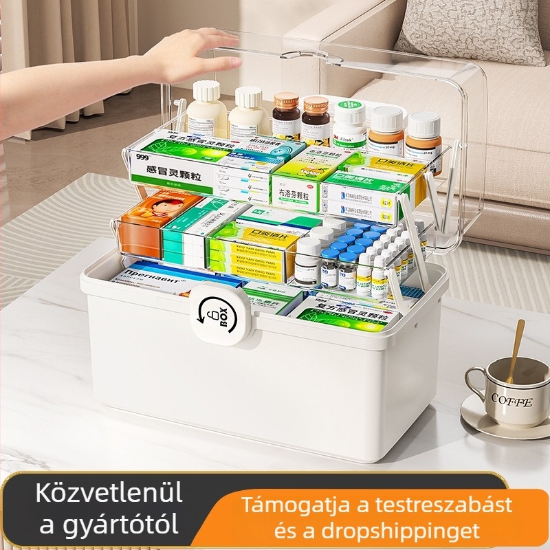 Hordozható otthoni gyógyszeres doboz, extra nagy kapacitású, többszintes tároló a nappaliba
