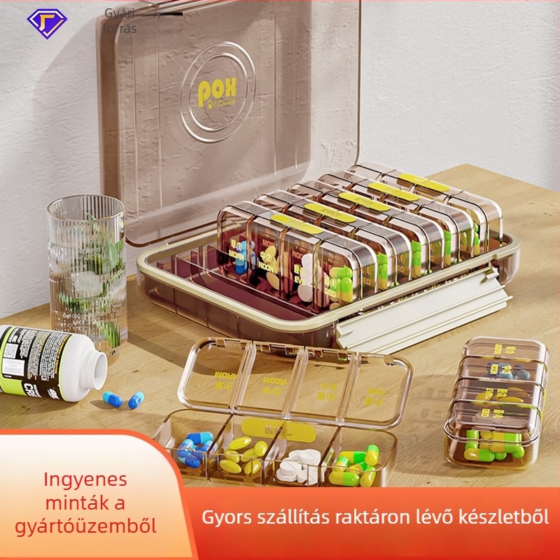 Hordozható 7 napos gyógyszeres doboz, napi három étkezésre szabott adagolással és emlékeztetővel