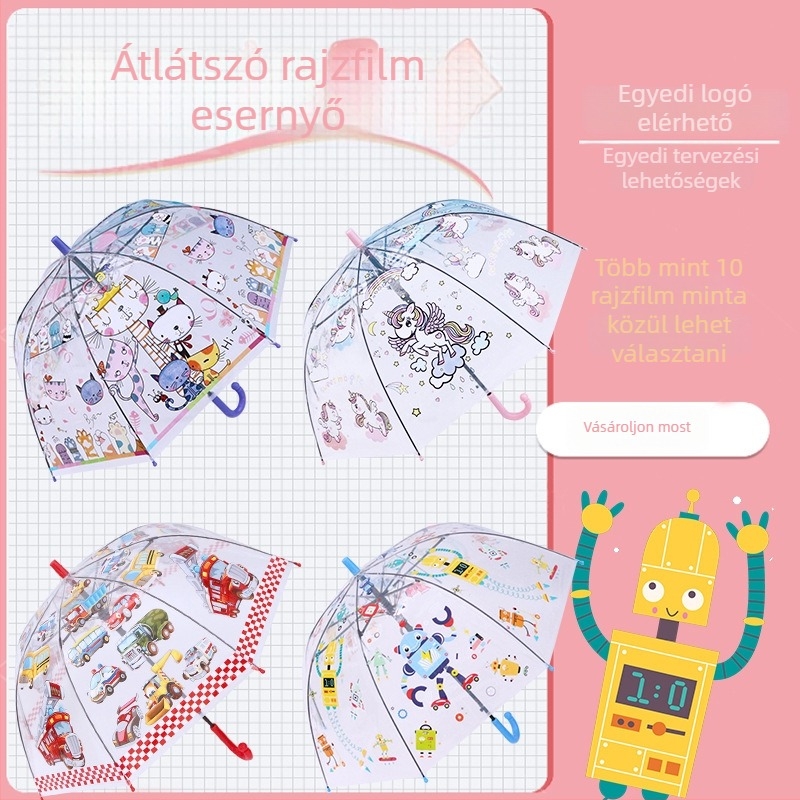 Gyerekeknek készült áttetsző robotos ernyő, hosszú nyéllel, rajzfilm autó dizájn, esővédő