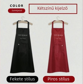 Oxford anyagú PVC vízálló konyhai kötény személyre szabott logóval, ujjatlan, egy méret, fekete és piros színkombináció, modern minimális stílus.