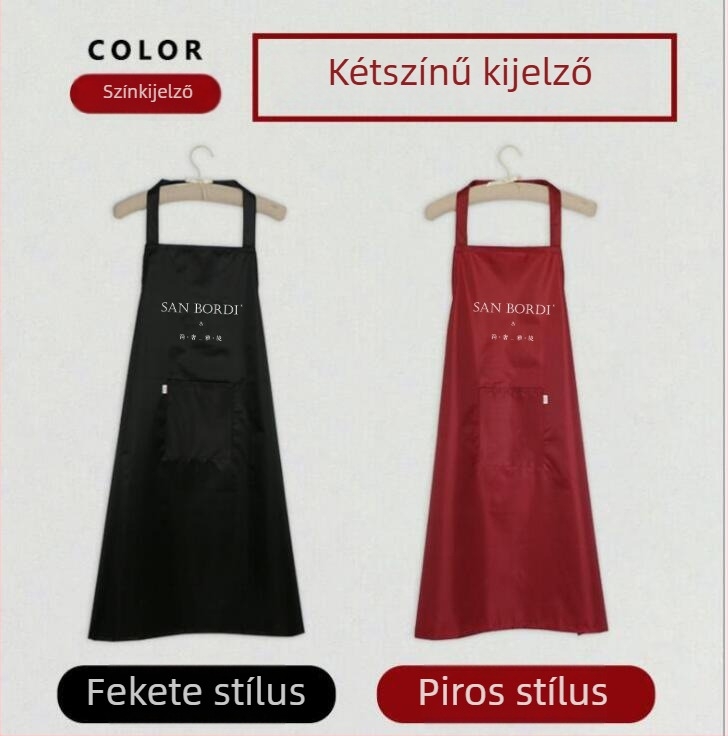 Oxford anyagú PVC vízálló konyhai kötény személyre szabott logóval, ujjatlan, egy méret, fekete és piros színkombináció, modern minimális stílus.