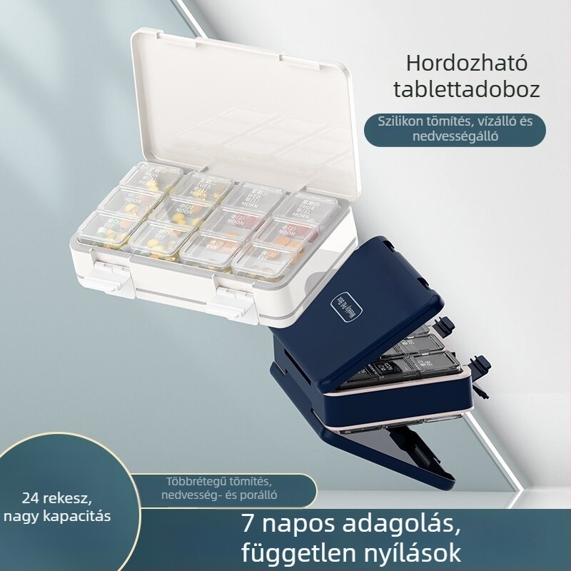 Nagy kapacitású zárható heti tablettás szervező, hét napos és három napi adag, hordozható