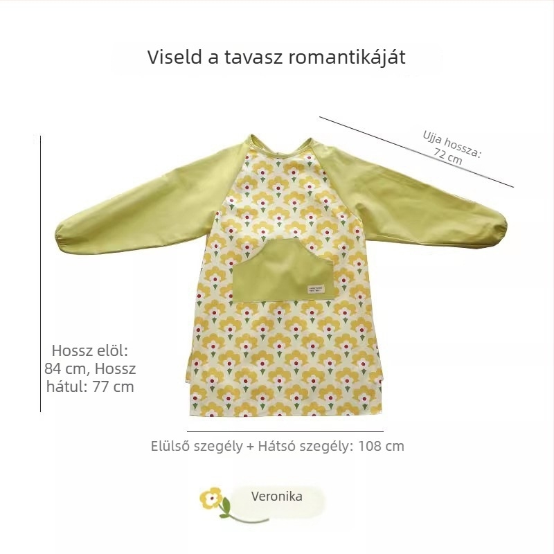 Ujjakkal ellátott pamut konyhai kötény, könnyű, testhezálló fazon, virágos mintával