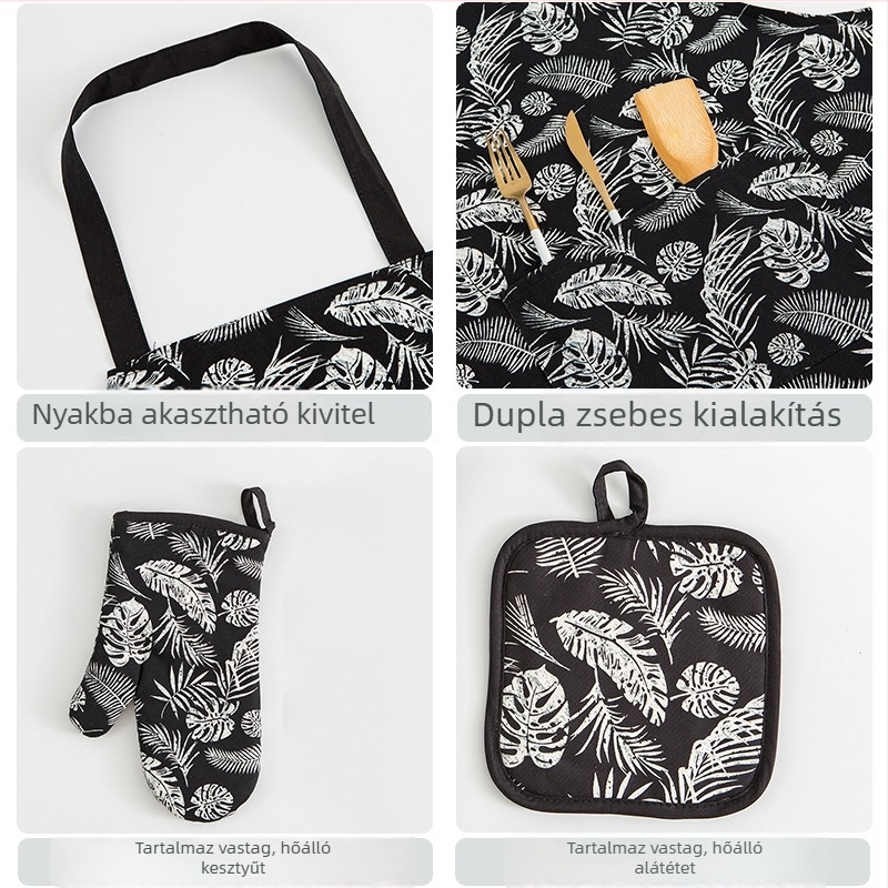 Nordic mintás 100% pamut konyhai kötény, 3 darabos szett hővédő kesztyűvel és alátéttel, olajálló