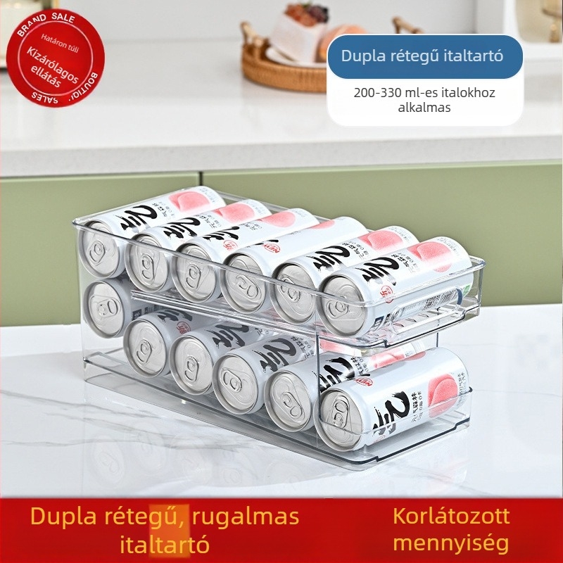 Hűtőbe illeszkedő italtartó, sör- és cola-dobozokhoz, dupla fiókos tároló, műanyag