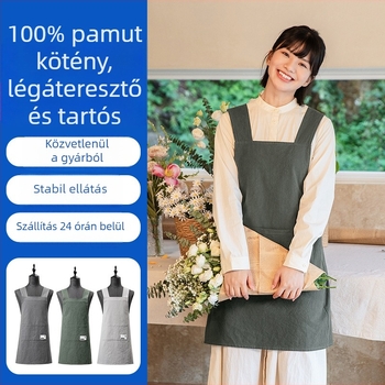 100% pamut kötény logónyomtatással, catering, virágbolt és kávézó számára, vízálló pántokkal, uniszex munkaruha