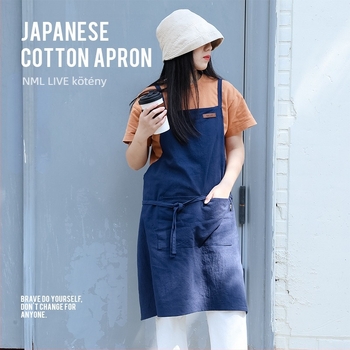 Japán stílusú pamut kötény, vállpántos, csíkos, ujj nélküli, foltálló, egy méret, That touch of blue