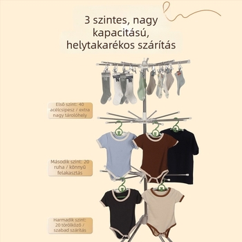 Rozsdamentes acélból készült babaruha-szárító állvány, padlóra szerelhető, forgatható