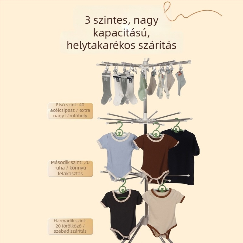 Rozsdamentes acélból készült babaruha-szárító állvány, padlóra szerelhető, forgatható