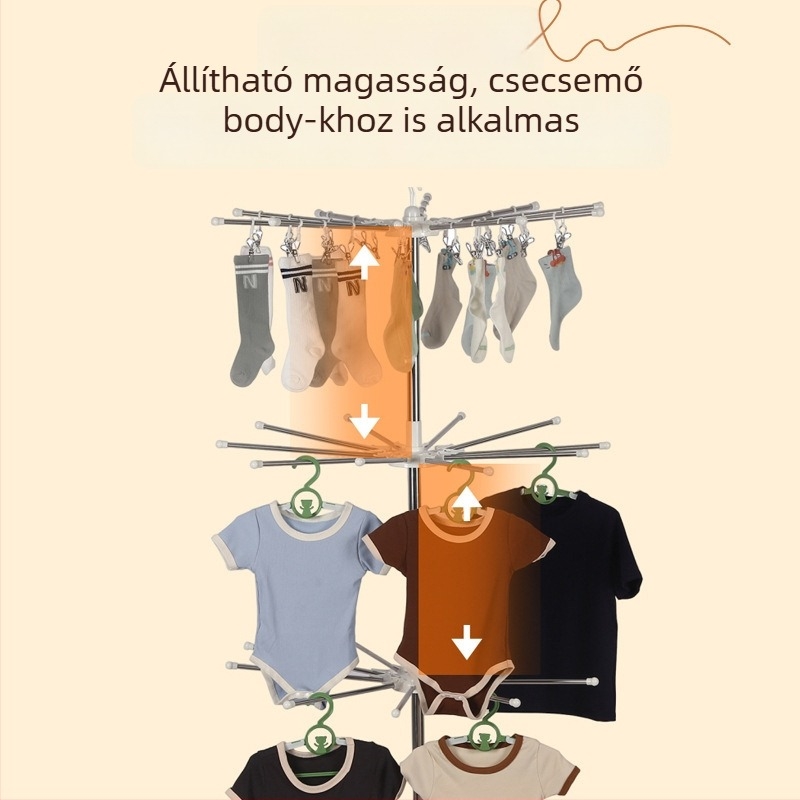 Rozsdamentes acélból készült babaruha-szárító állvány, padlóra szerelhető, forgatható