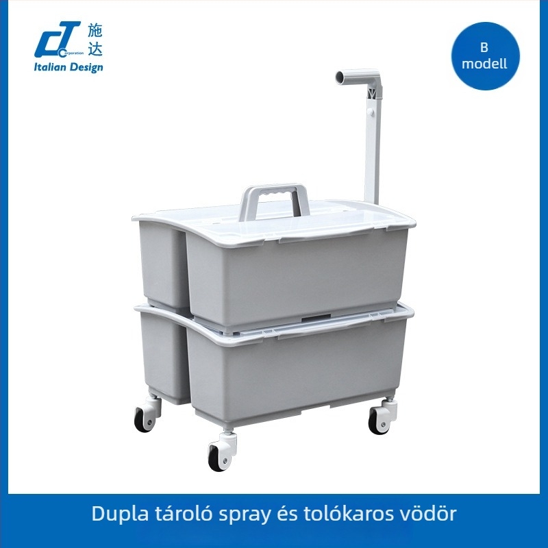 Mini takarító kocsi mopvödörrel és tárolóval, görgős, vastagított műanyagból