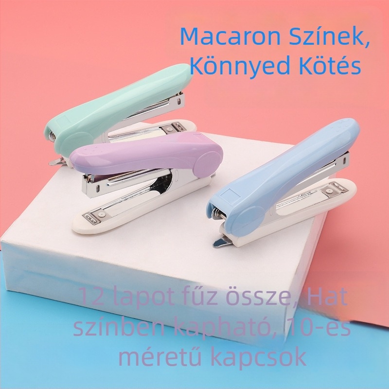 Mini tűzőgép makaron színekben, No. 10 kapcsokkal, akár 12 oldalig, beépített kapocs-eltávolítóval
