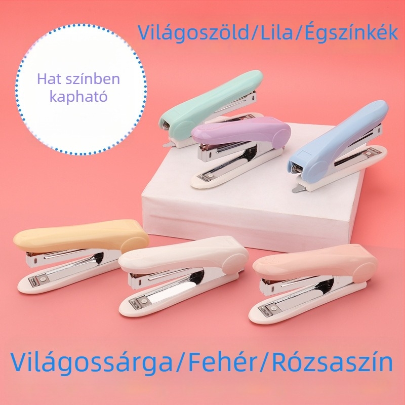 Mini tűzőgép makaron színekben, No. 10 kapcsokkal, akár 12 oldalig, beépített kapocs-eltávolítóval