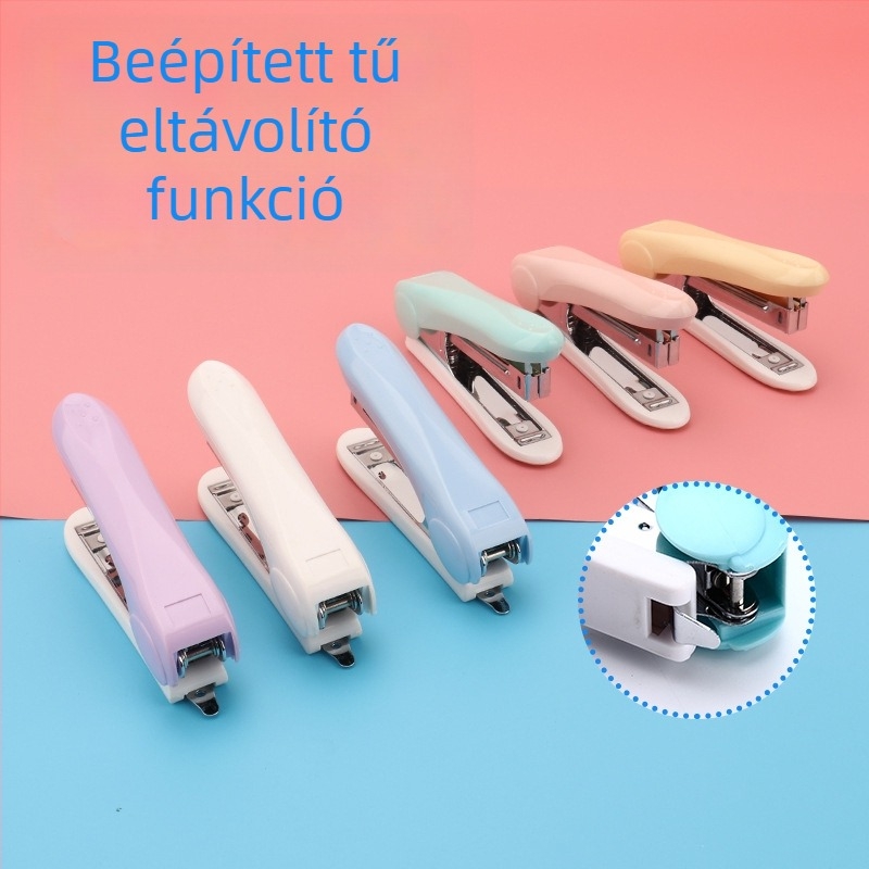 Mini tűzőgép makaron színekben, No. 10 kapcsokkal, akár 12 oldalig, beépített kapocs-eltávolítóval