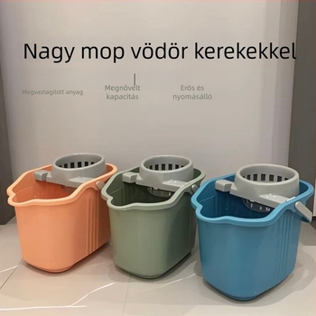 Háztartási felmosóvödör kerékkel, műanyag szorítóval, téglalap alakú hordozható felmosóvödör, vastagított és tartós