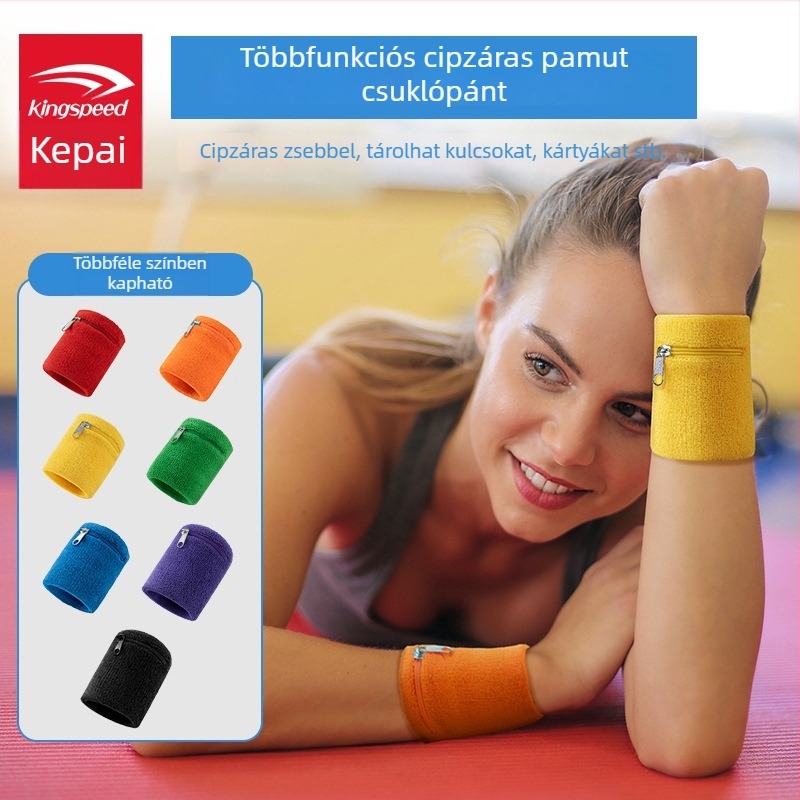 Cipzáras csuklópánt, izzadságszívó és lélegző, kulcs- és érmés zsebbel, uniszex sportvédő csuklópánt