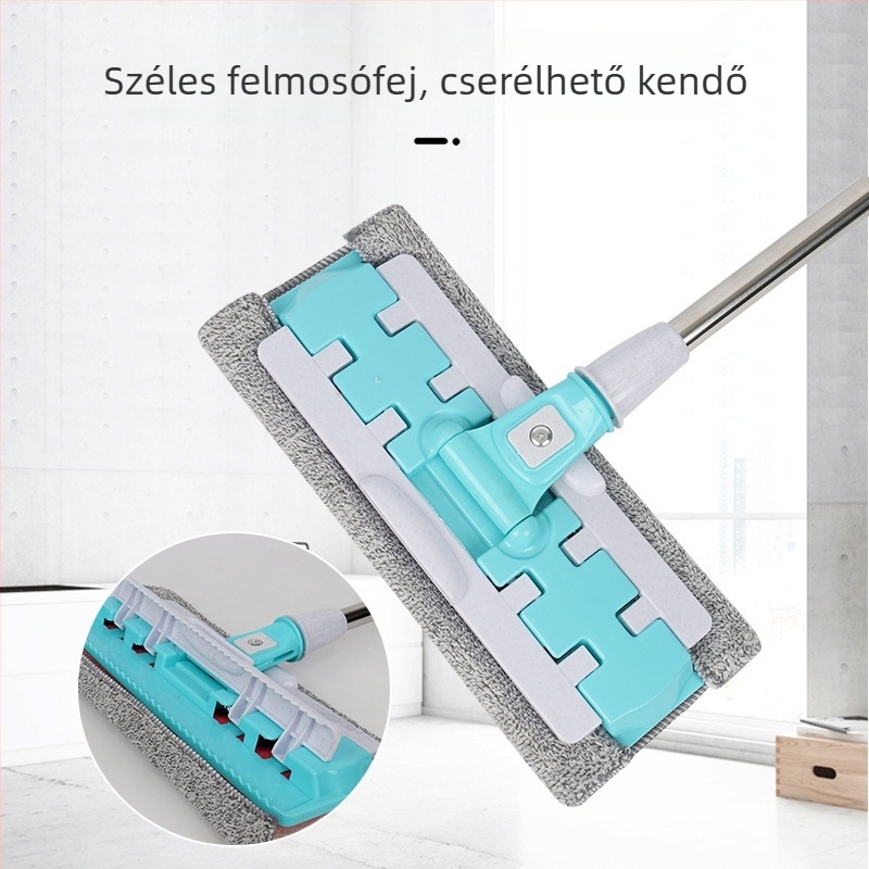 Textil bevonatú lapos mop otthoni padló tisztítására, kéz nélküli használat, forgó fej.