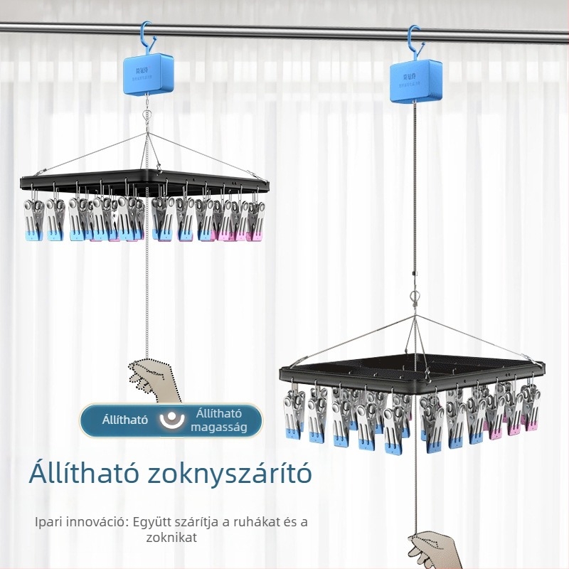 Rozsdamentes acélból készült, állítható és összecsukható zokni- és fehérnemű-emelő