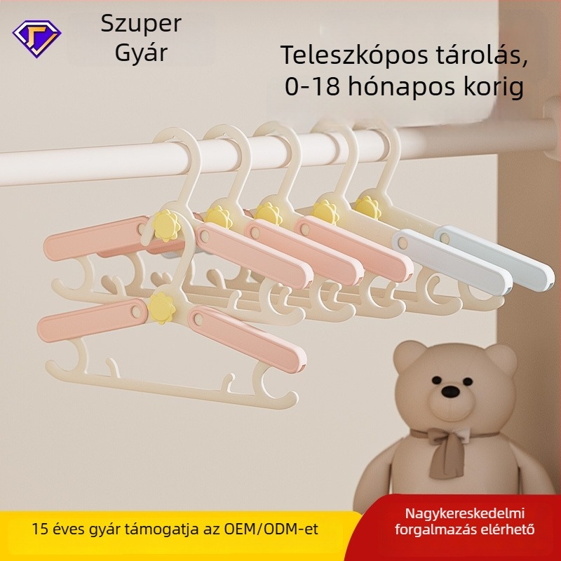 Gyerek ruhatartó fogasok, 5 db, csúszásmentes, megerősített, kinyújtható, egymásra rakható, alkalmas csecsemőknek