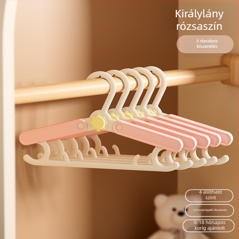 Gyerek ruhatartó fogasok, 5 db, csúszásmentes, megerősített, kinyújtható, egymásra rakható, alkalmas csecsemőknek